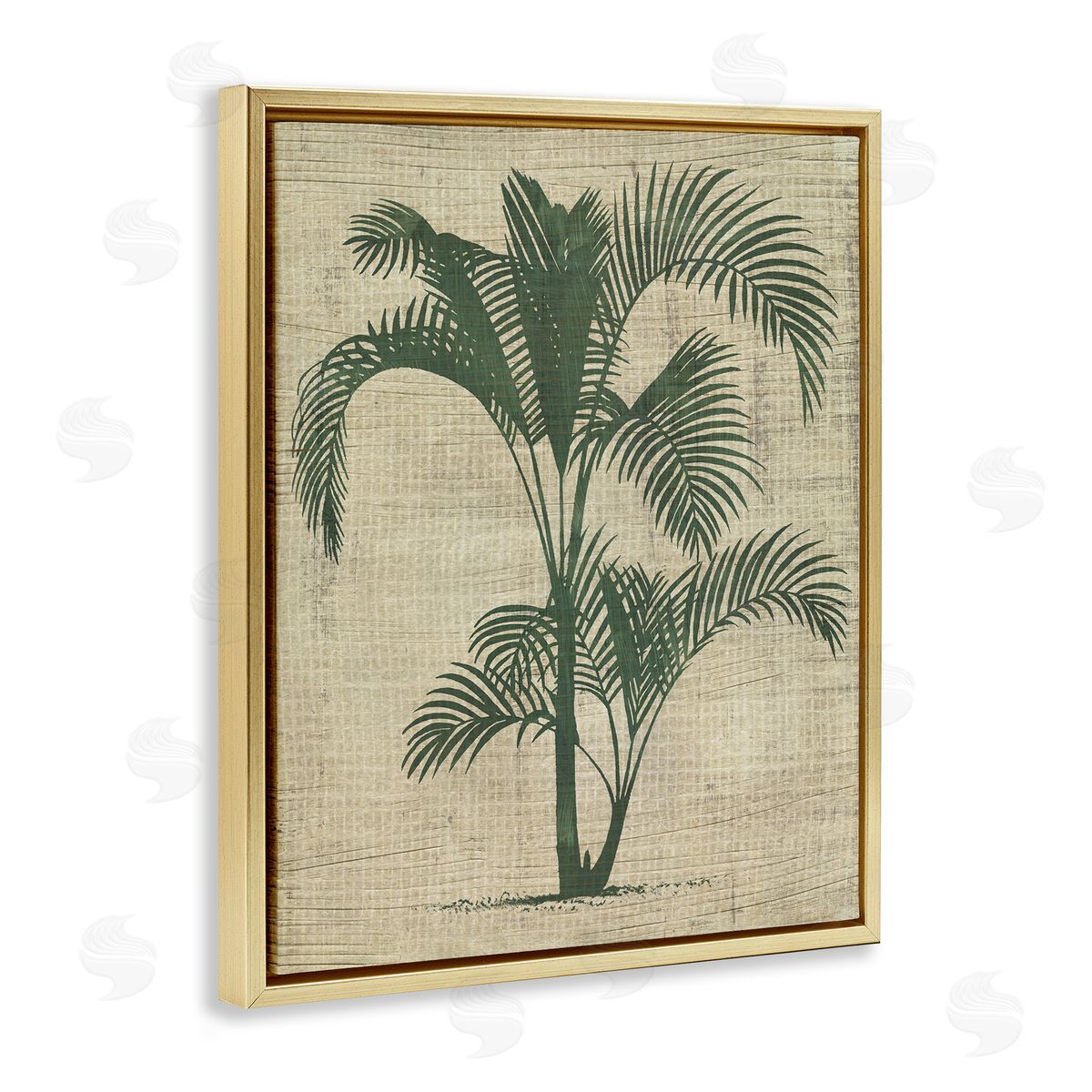 Palm on Woven Pattern Gold Floating Frame Canvas Wall Art, Home Decor by June Erica Vess