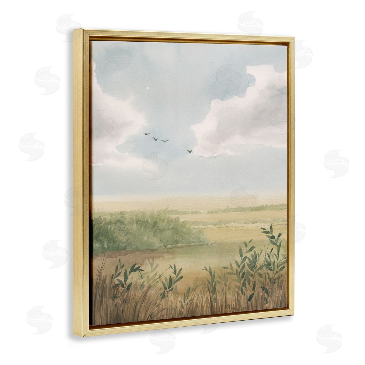Birds over Grasslands Gold Floating Frame Canvas Wall Art, Home Decor by Grace Popp