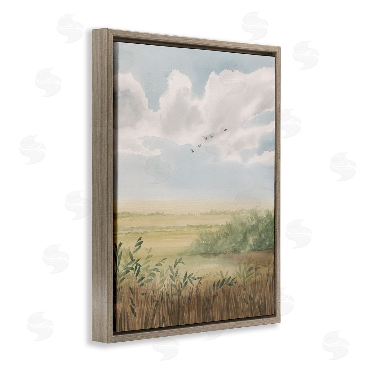 Birds Flying over Countryside Brown Floating Frame Canvas Wall Art, Home Decor by Grace Popp