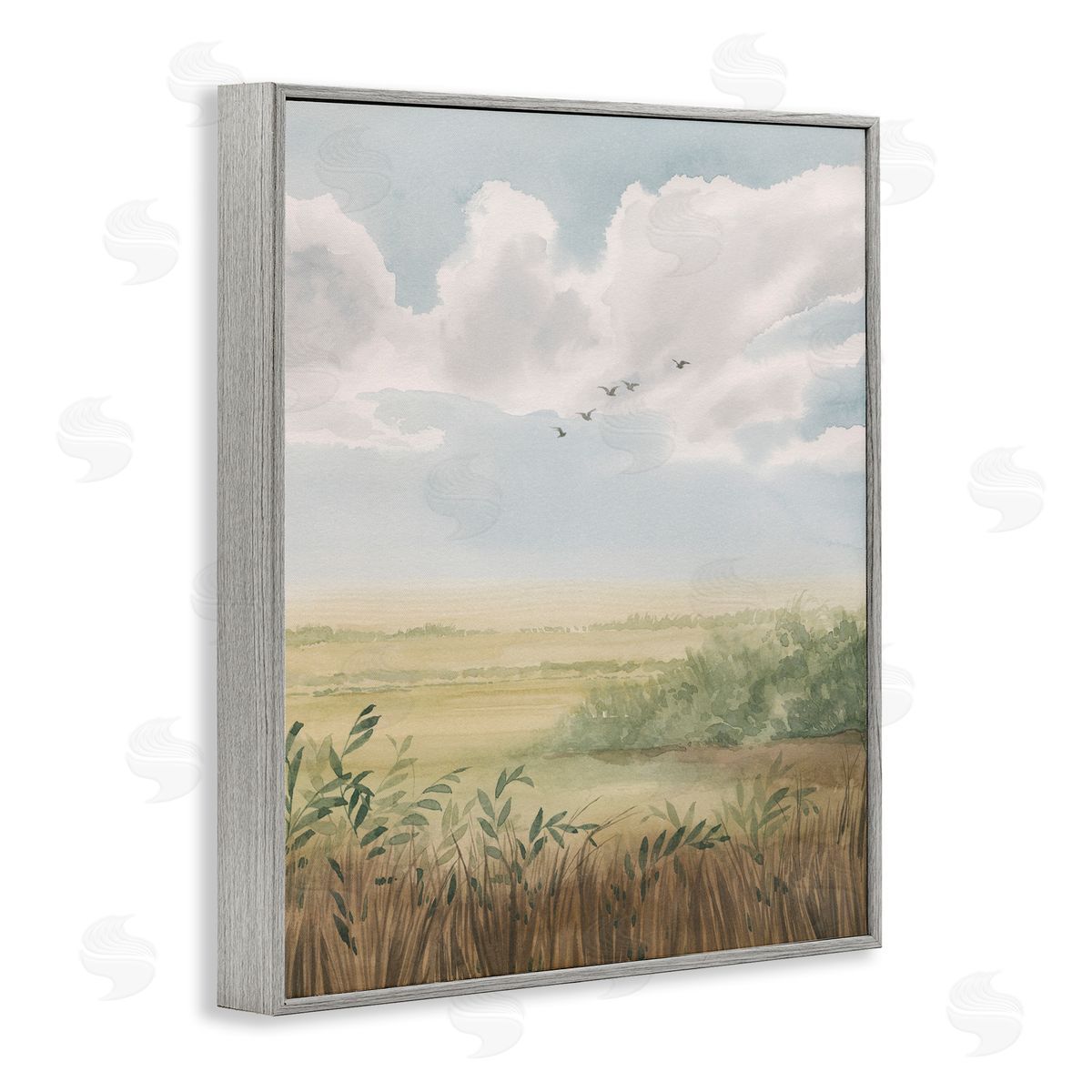 Birds Flying over Countryside Grey Frame Print Wall Art, Home Decor by Grace Popp