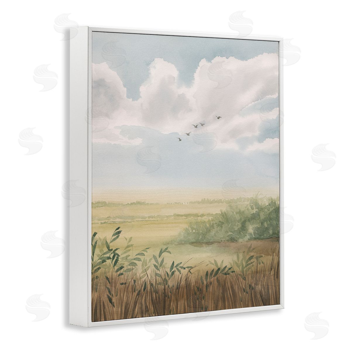 Birds Flying over Countryside White Frame Print Wall Art, Home Decor by Grace Popp