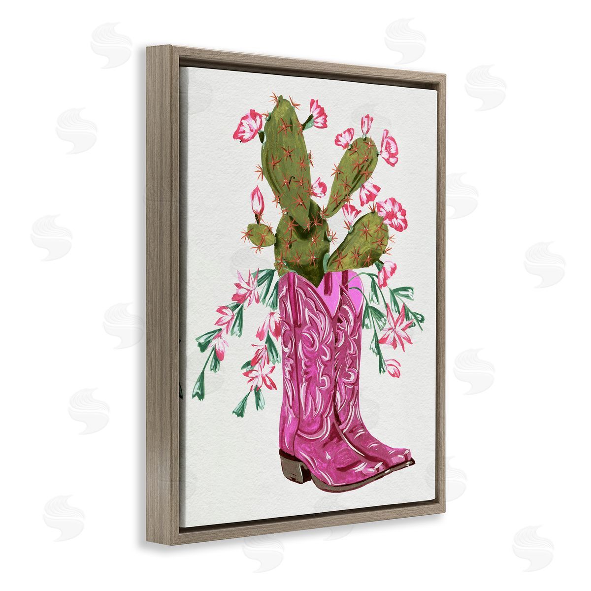 Pink Accent Cactus & Boots Brown Floating Frame Canvas Wall Art, Home Decor by Melissa Wang