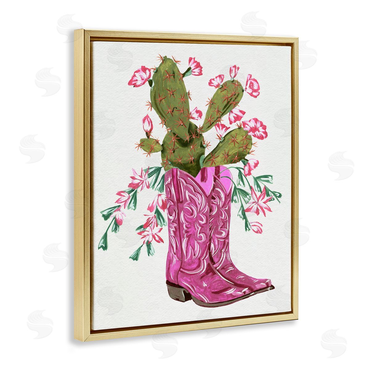 Pink Accent Cactus & Boots Gold Floating Frame Canvas Wall Art, Home Decor by Melissa Wang
