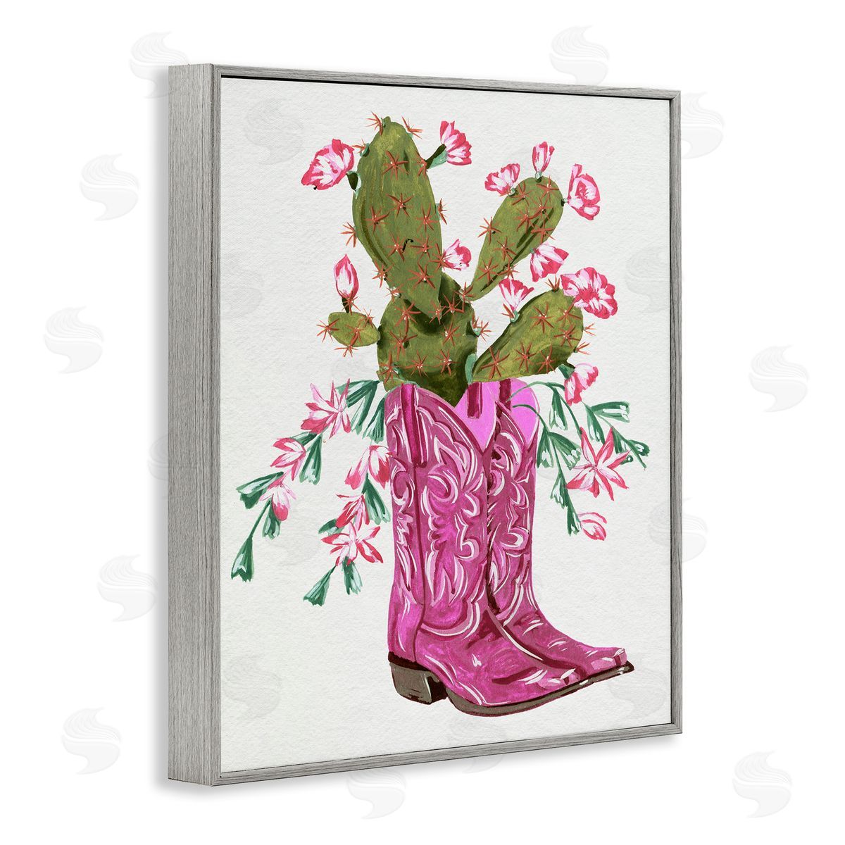 Pink Accent Cactus & Boots Grey Frame Print Wall Art, Home Decor by Melissa Wang