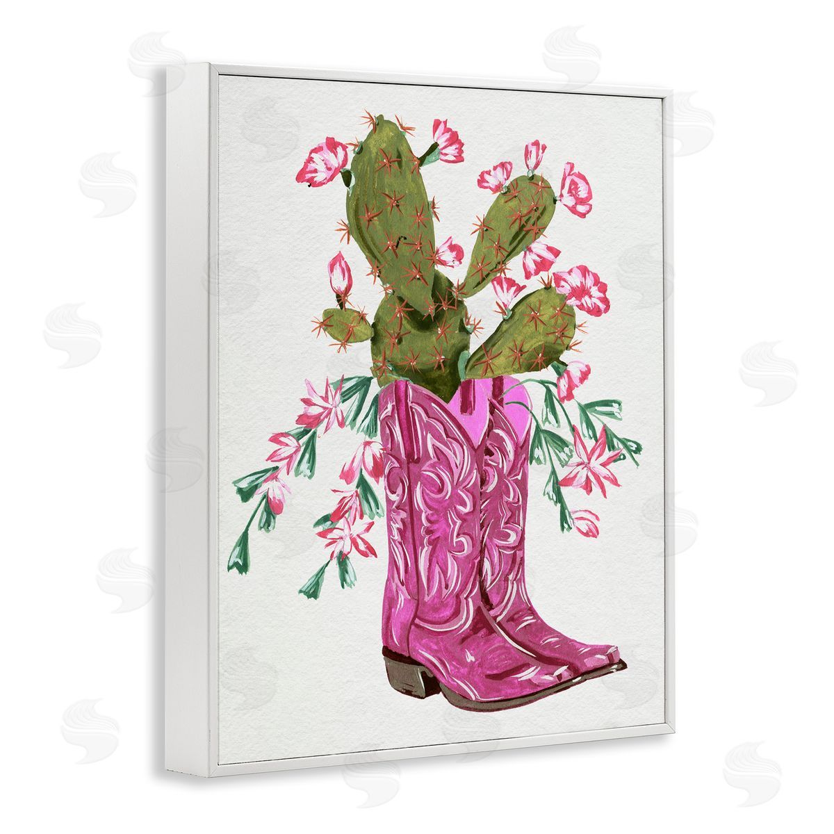 Pink Accent Cactus & Boots White Frame Print Wall Art, Home Decor by Melissa Wang