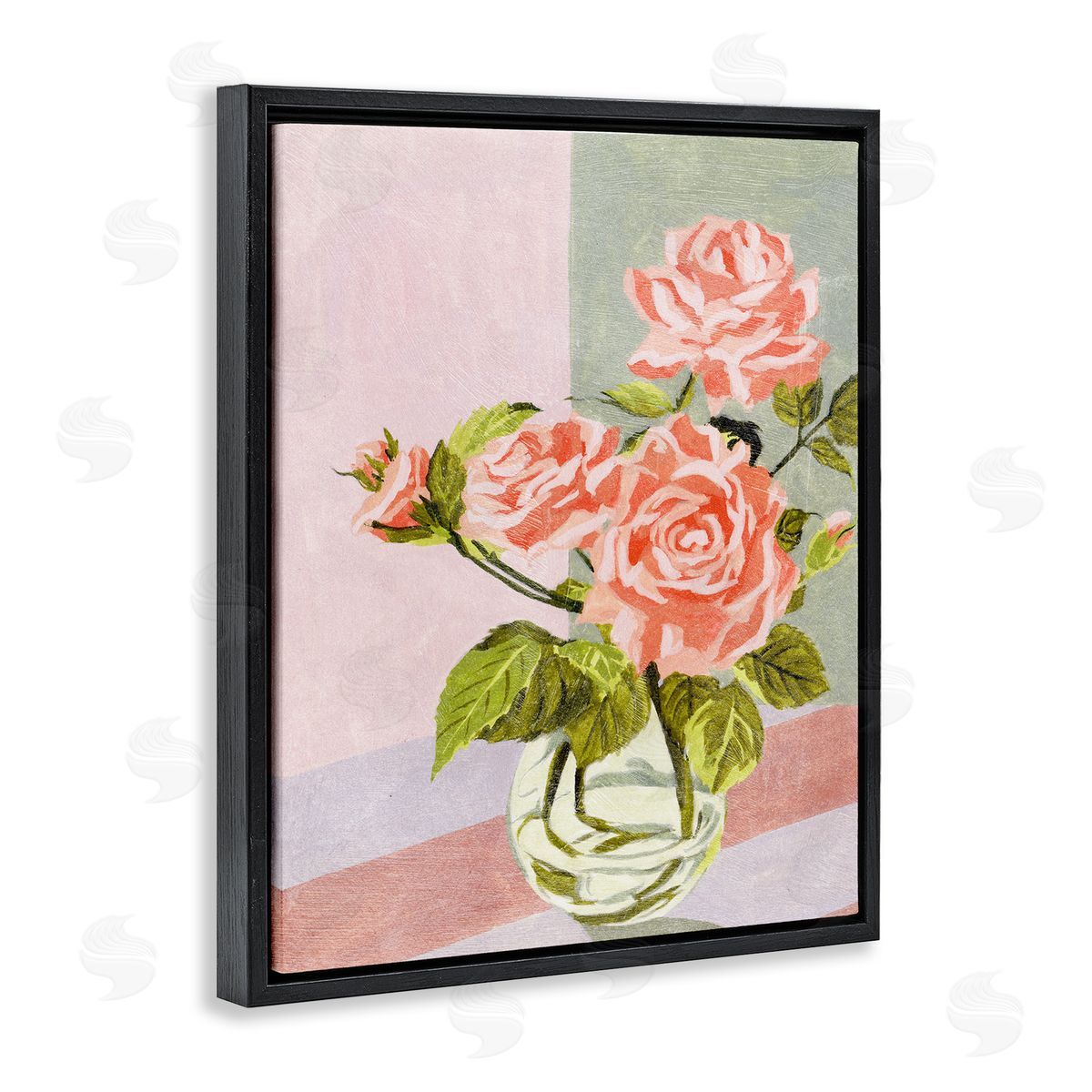 Pink Roses on Pastels Black Floating Frame Canvas Wall Art, Home Decor by Melissa Wang