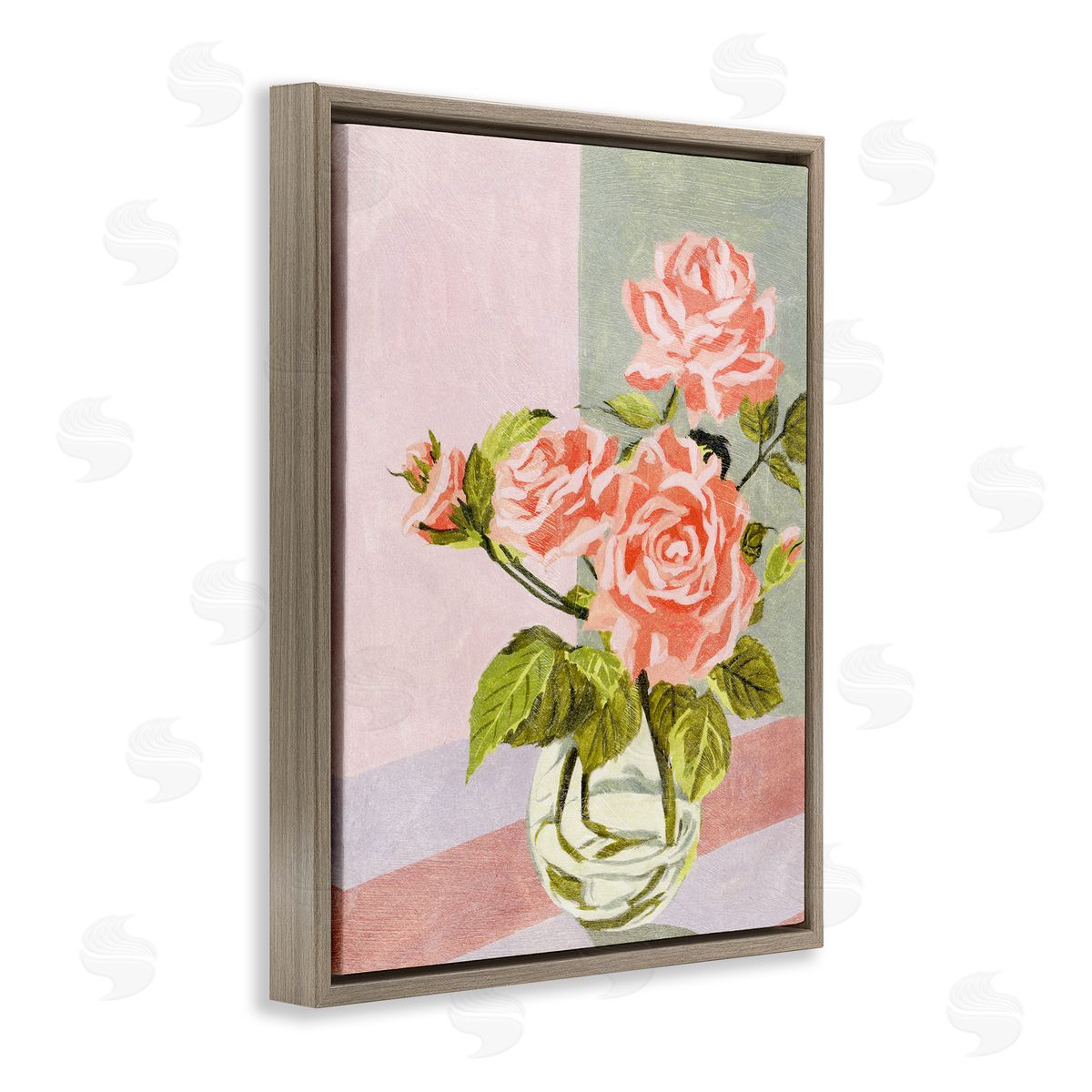 Pink Roses on Pastels Brown Floating Frame Canvas Wall Art, Home Decor by Melissa Wang