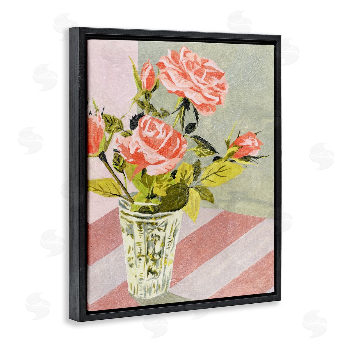 Pink Roses on Stripes Black Floating Frame Canvas Wall Art, Home Decor by Melissa Wang