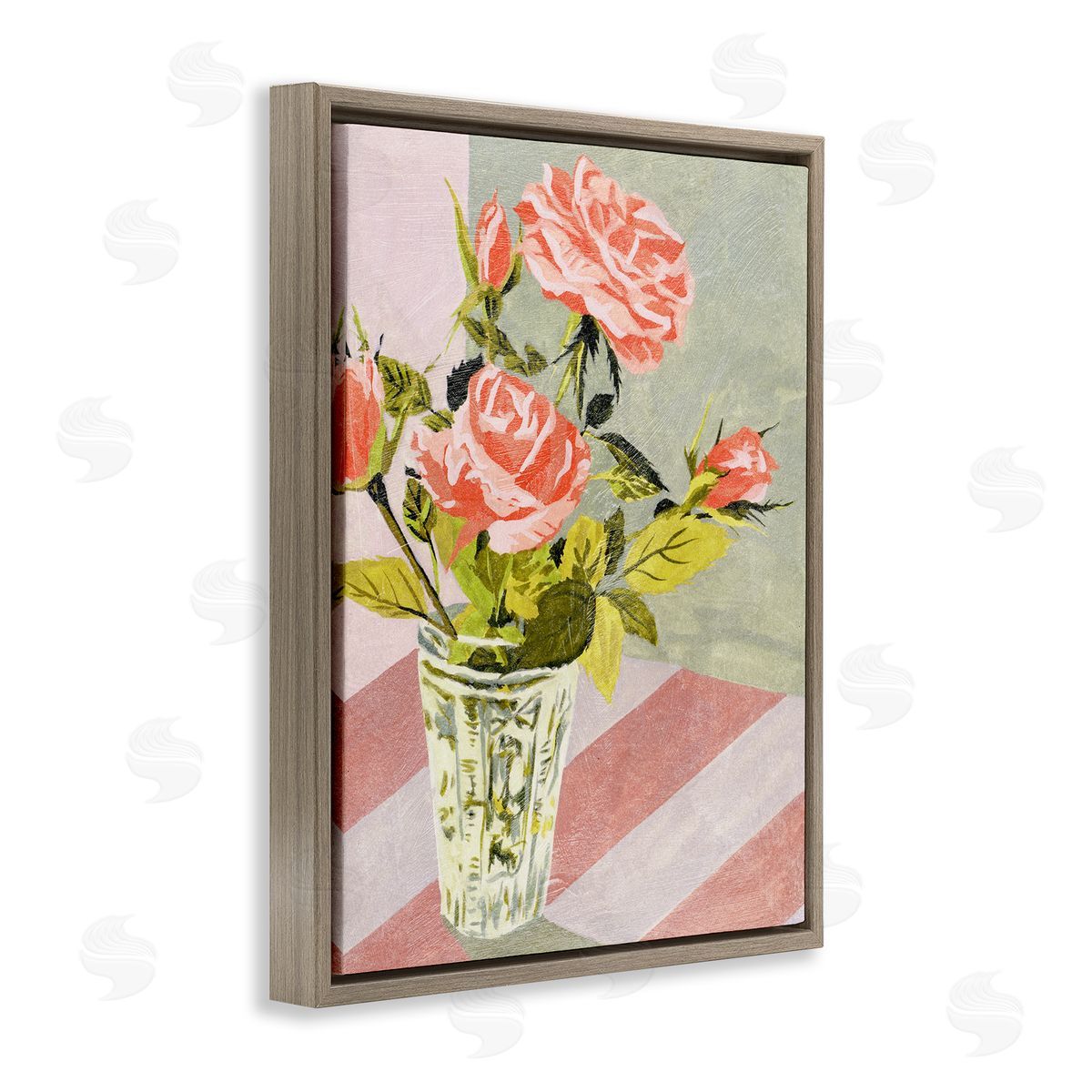Pink Roses on Stripes Brown Floating Frame Canvas Wall Art, Home Decor by Melissa Wang