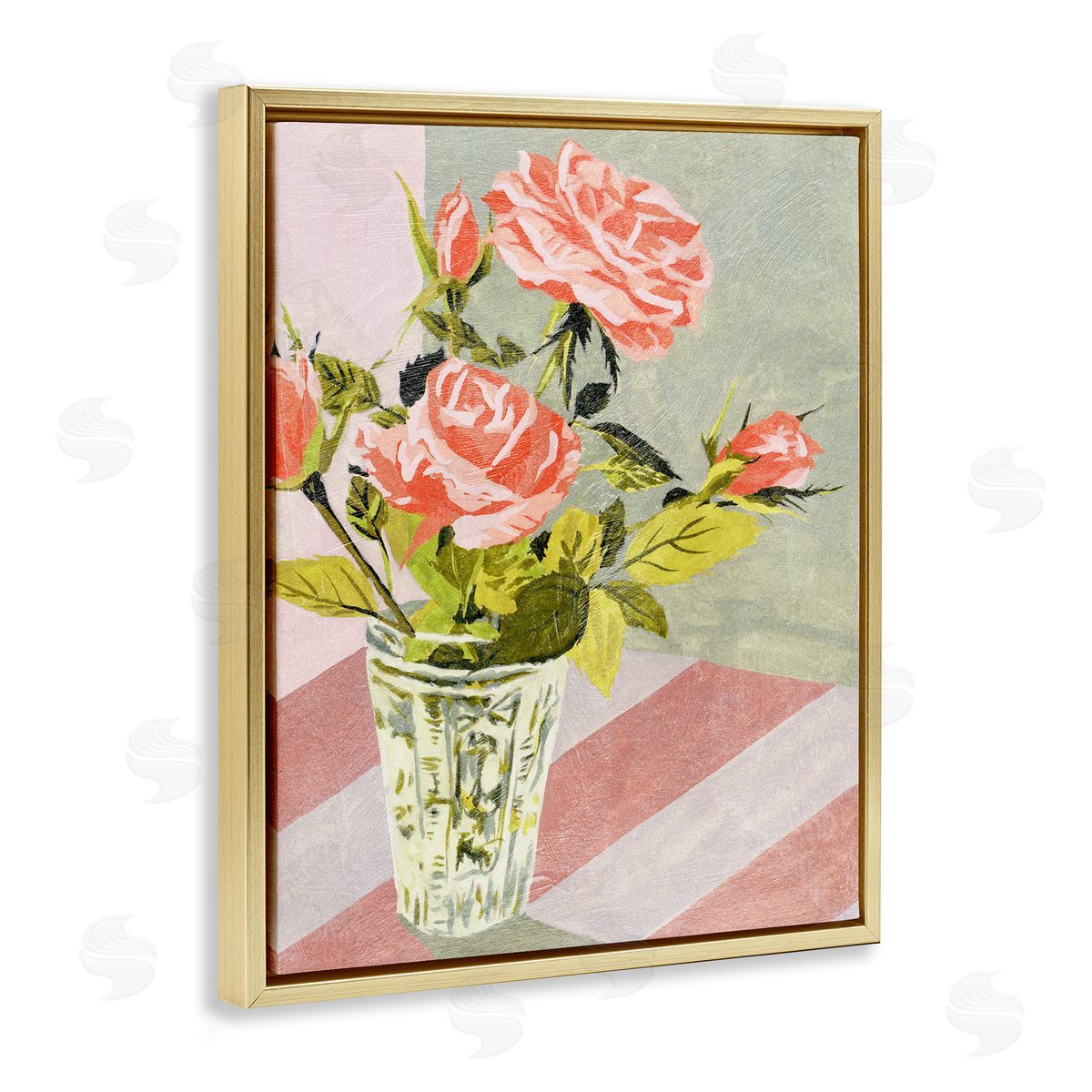 Pink Roses on Stripes Gold Floating Frame Canvas Wall Art, Home Decor by Melissa Wang
