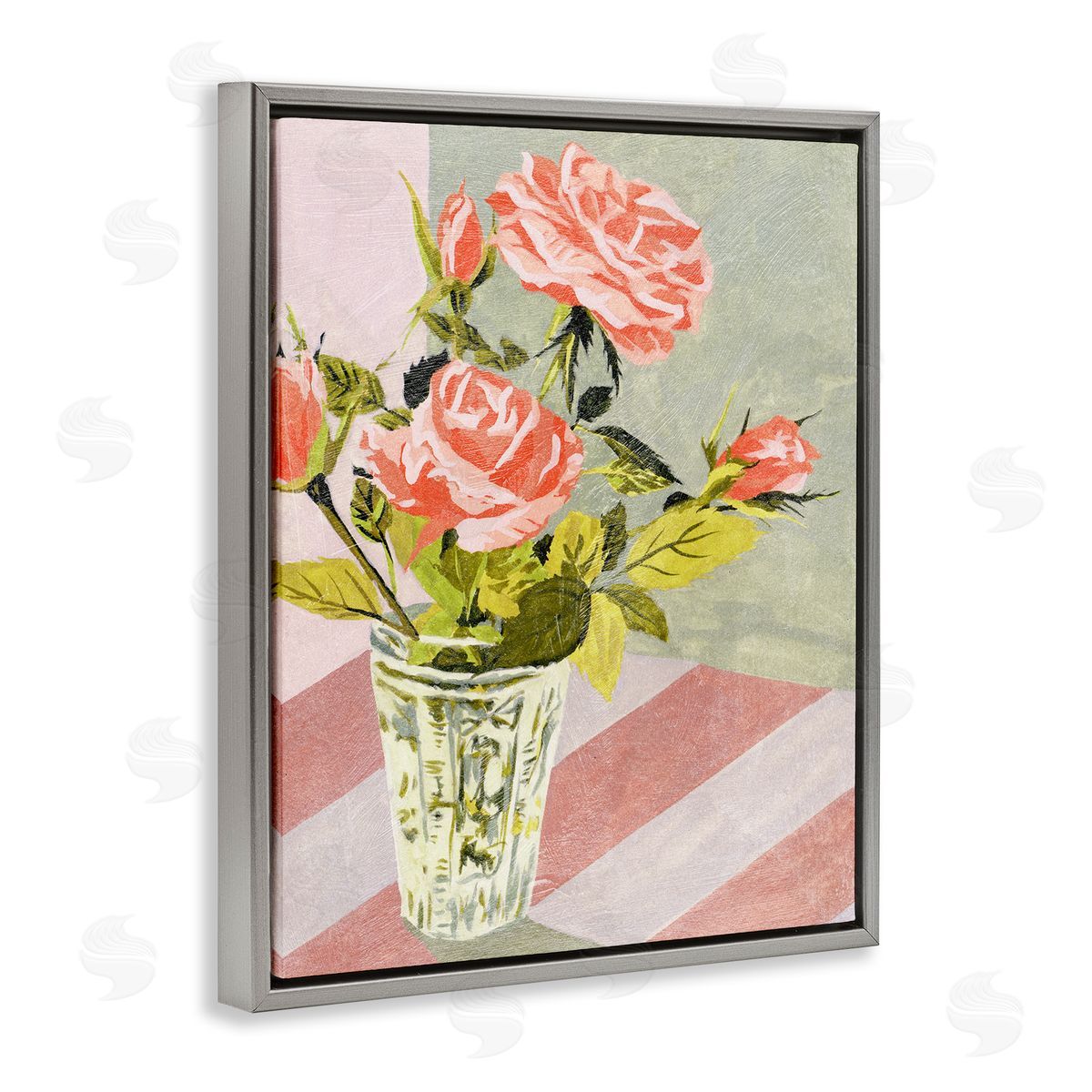 Pink Roses on Stripes Grey Floating Frame Canvas Wall Art, Home Decor by Melissa Wang