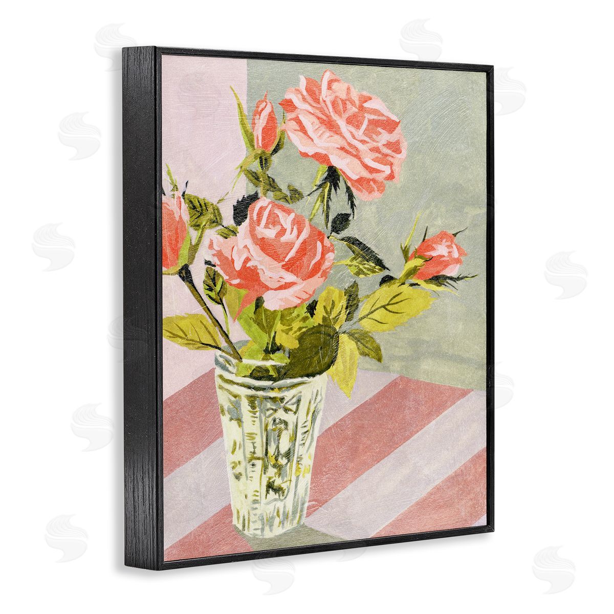 Pink Roses on Stripes Black Frame Print Wall Art, Home Decor by Melissa Wang