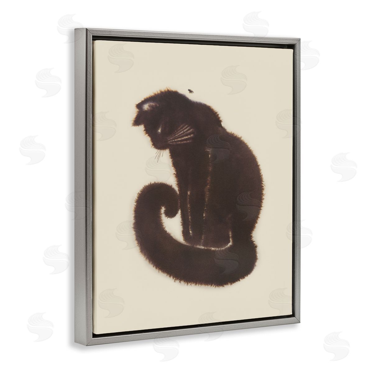 Sitting Cat Curved Tail Grey Floating Frame Canvas Wall Art, Home Decor by Grace Popp