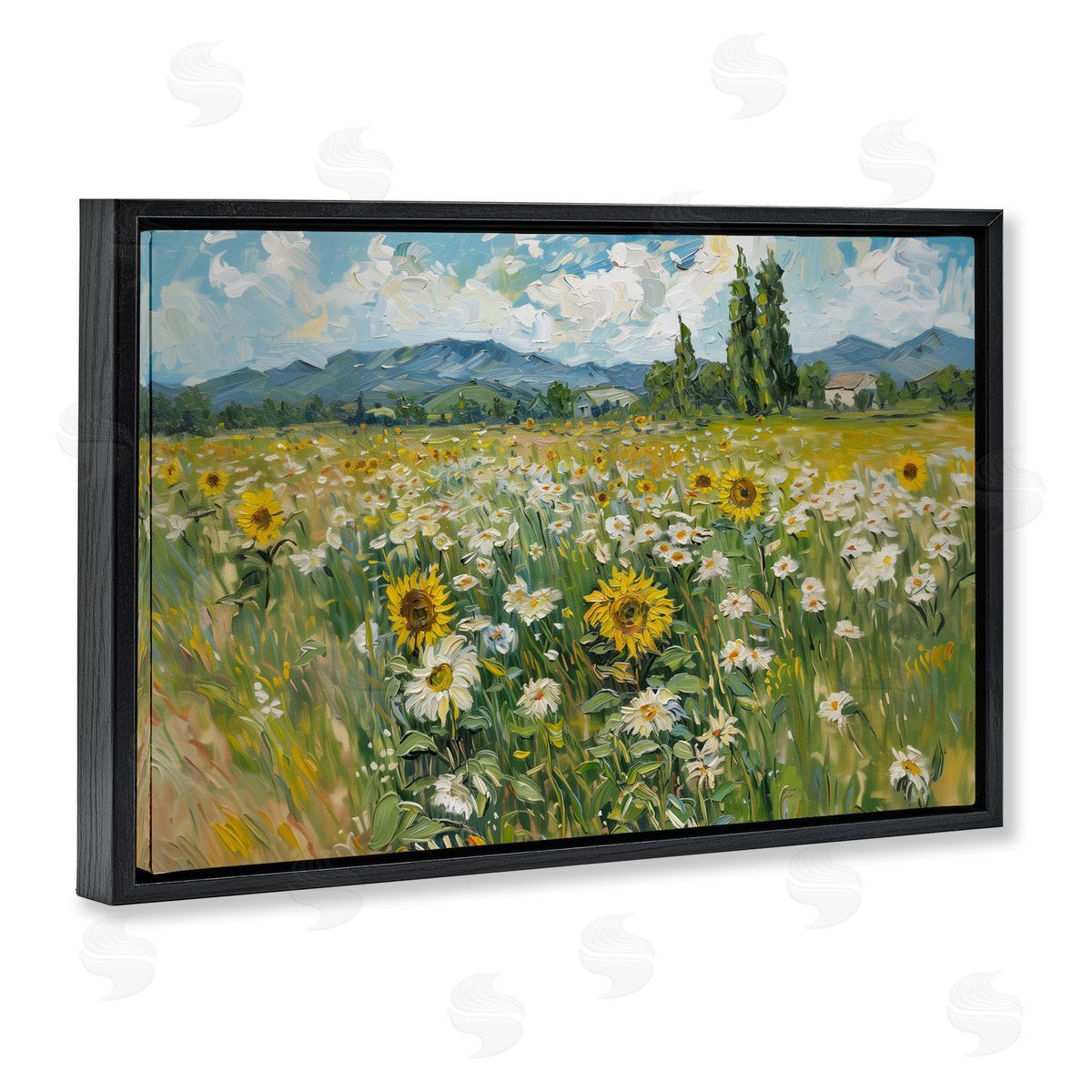 Sunflower & Daisy Meadow Black Floating Frame Canvas Wall Art, Home Decor by Arlington Prints