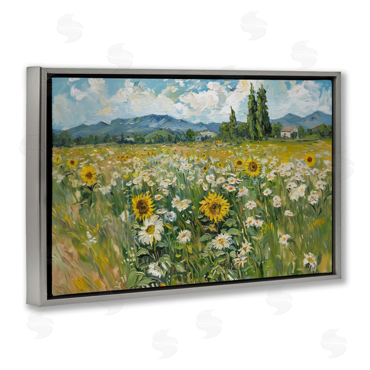 Sunflower & Daisy Meadow Grey Floating Frame Canvas Wall Art, Home Decor by Arlington Prints