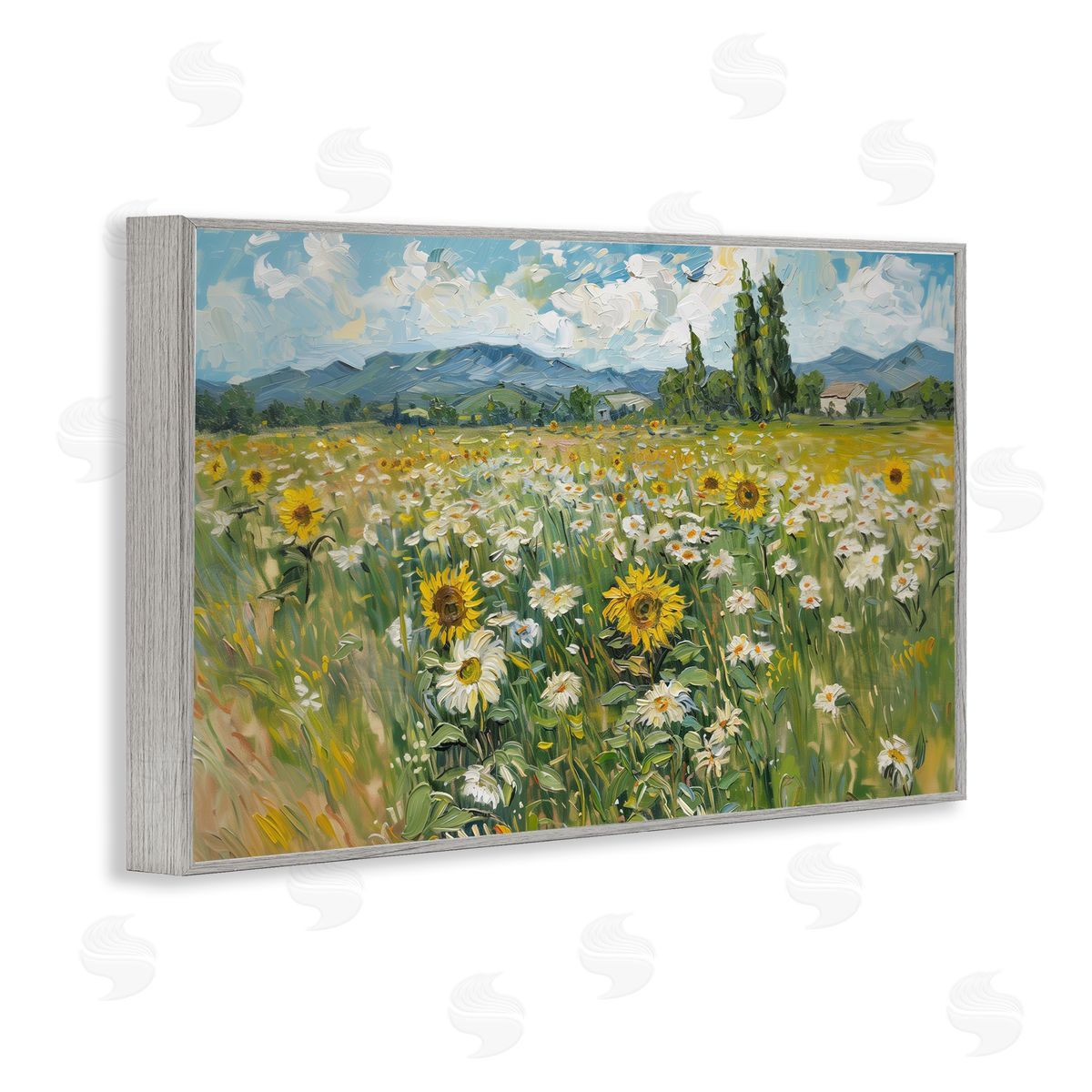 Sunflower & Daisy Meadow Grey Frame Print Wall Art, Home Decor by Arlington Prints