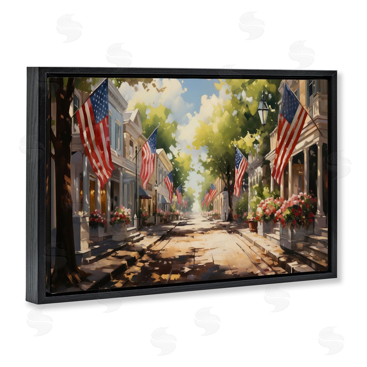 American Flag Lined Street Black Floating Frame Canvas Wall Art, Home Decor by Arlington Prints
