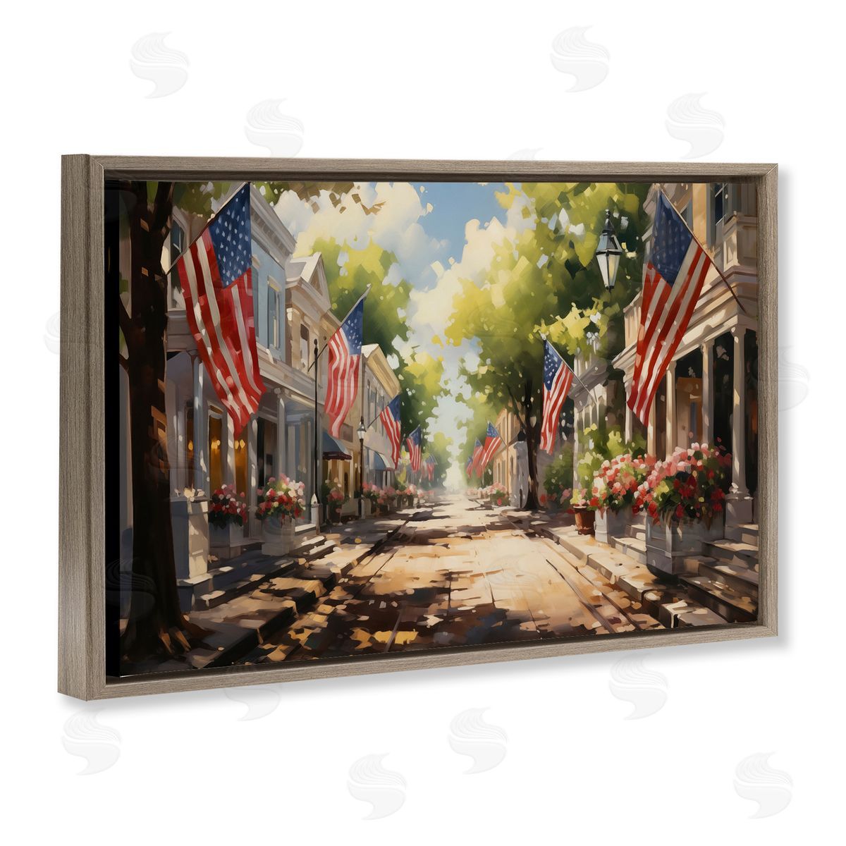 American Flag Lined Street Brown Floating Frame Canvas Wall Art, Home Decor by Arlington Prints