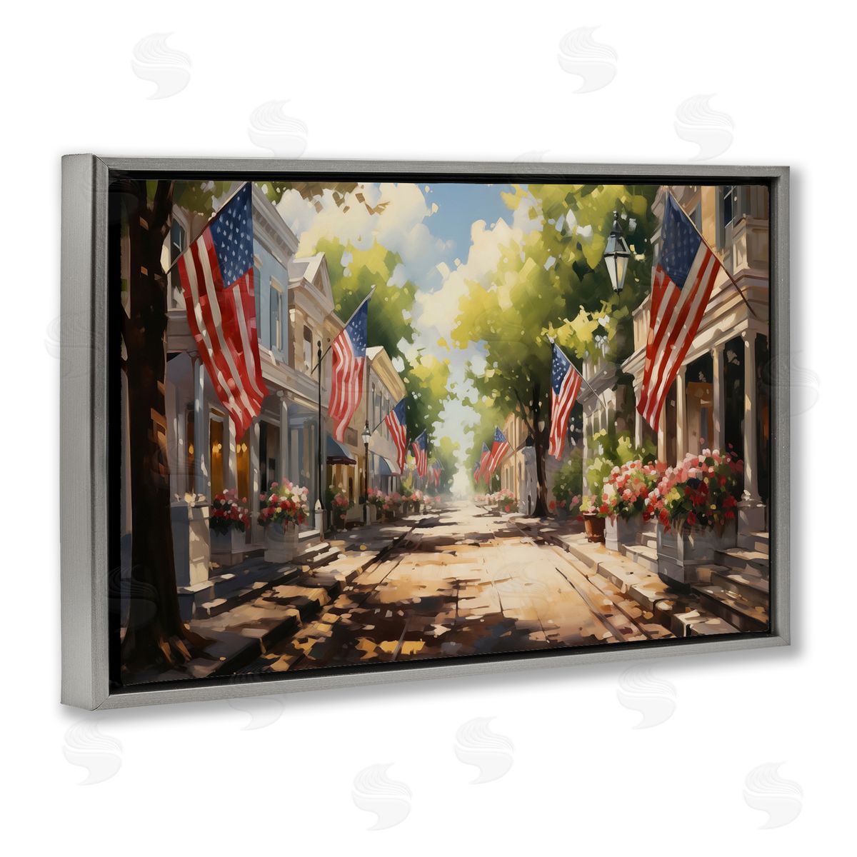 American Flag Lined Street Grey Floating Frame Canvas Wall Art, Home Decor by Arlington Prints
