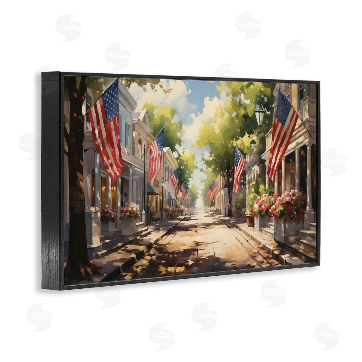 American Flag Lined Street Black Frame Print Wall Art, Home Decor by Arlington Prints