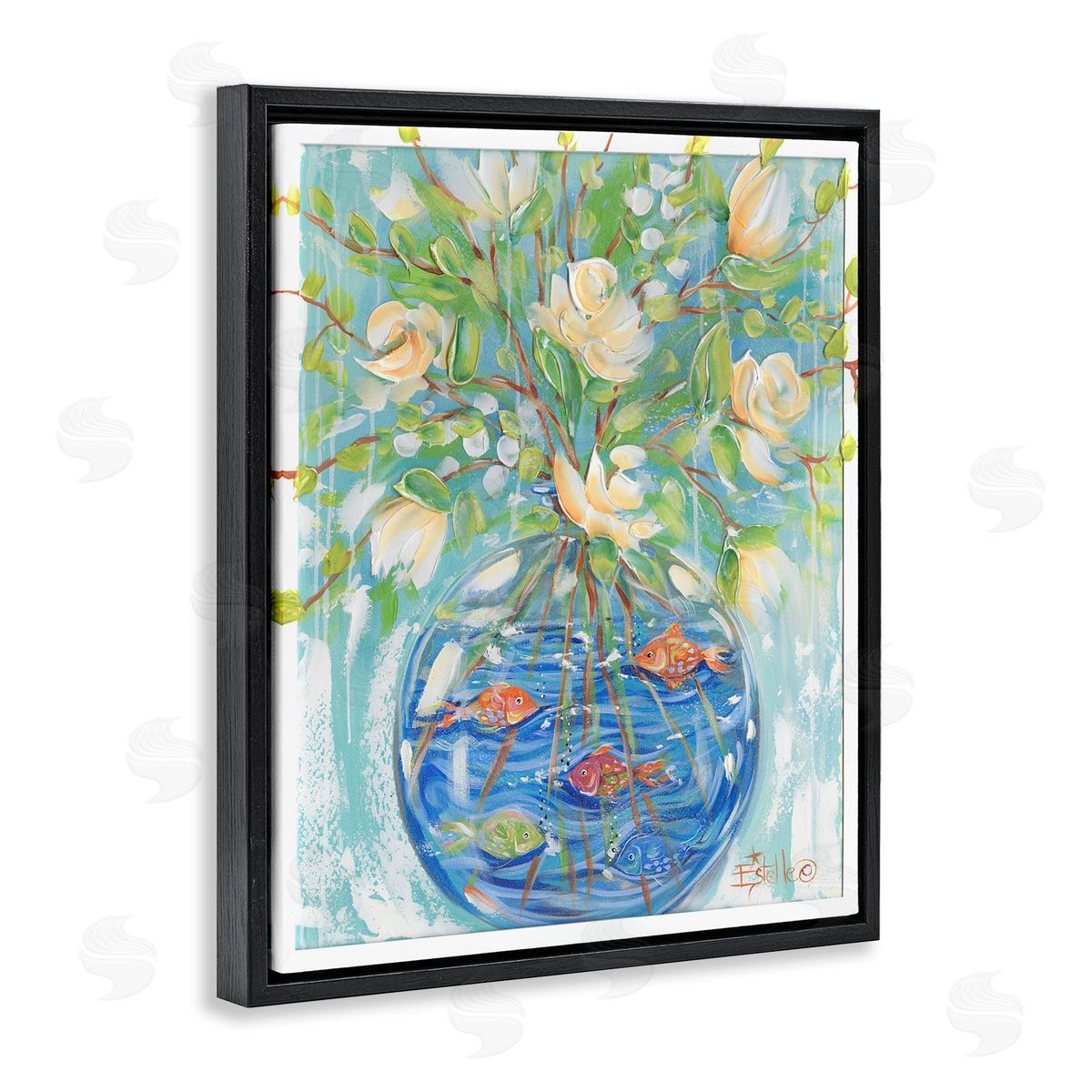 Fish Bowl Bouquet Black Floating Frame Canvas Wall Art, Home Decor by Estelle Grengs