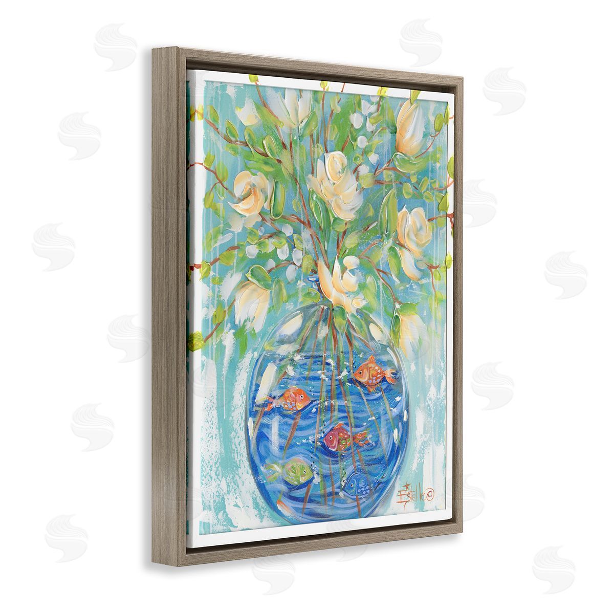 Fish Bowl Bouquet Brown Floating Frame Canvas Wall Art, Home Decor by Estelle Grengs