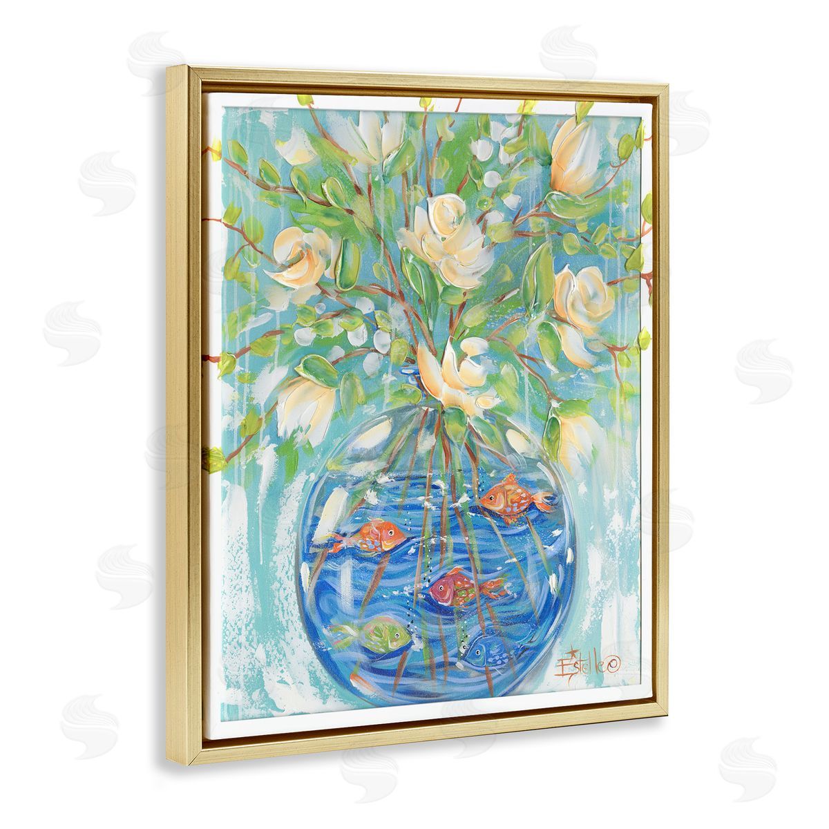 Fish Bowl Bouquet Gold Floating Frame Canvas Wall Art, Home Decor by Estelle Grengs