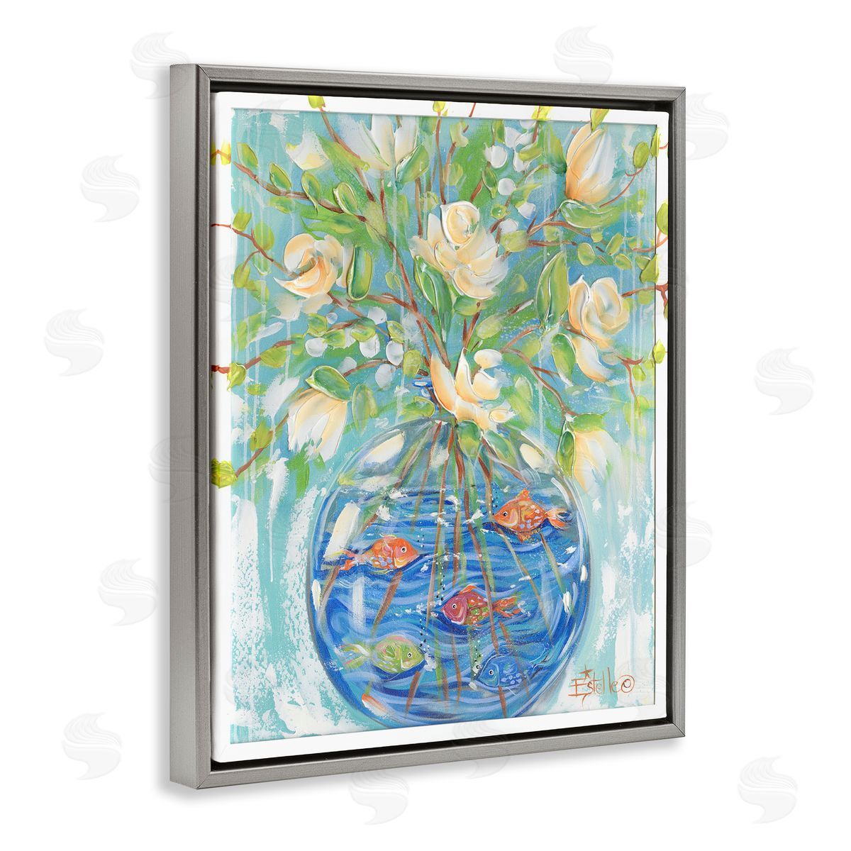 Fish Bowl Bouquet Grey Floating Frame Canvas Wall Art, Home Decor by Estelle Grengs