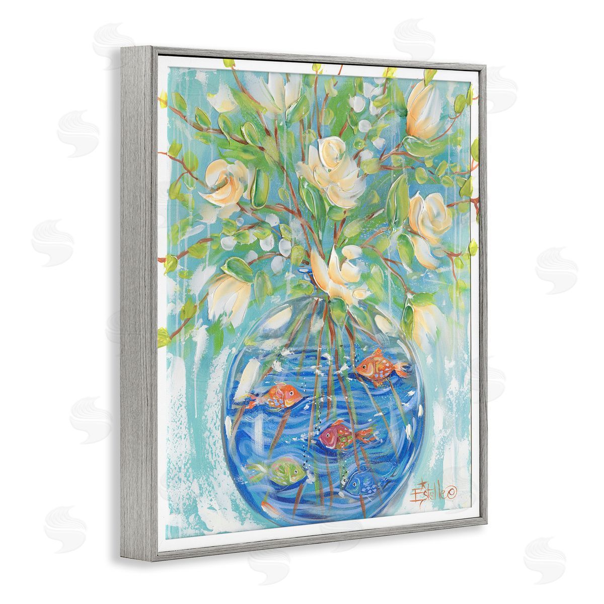 Fish Bowl Bouquet Grey Frame Print Wall Art, Home Decor by Estelle Grengs