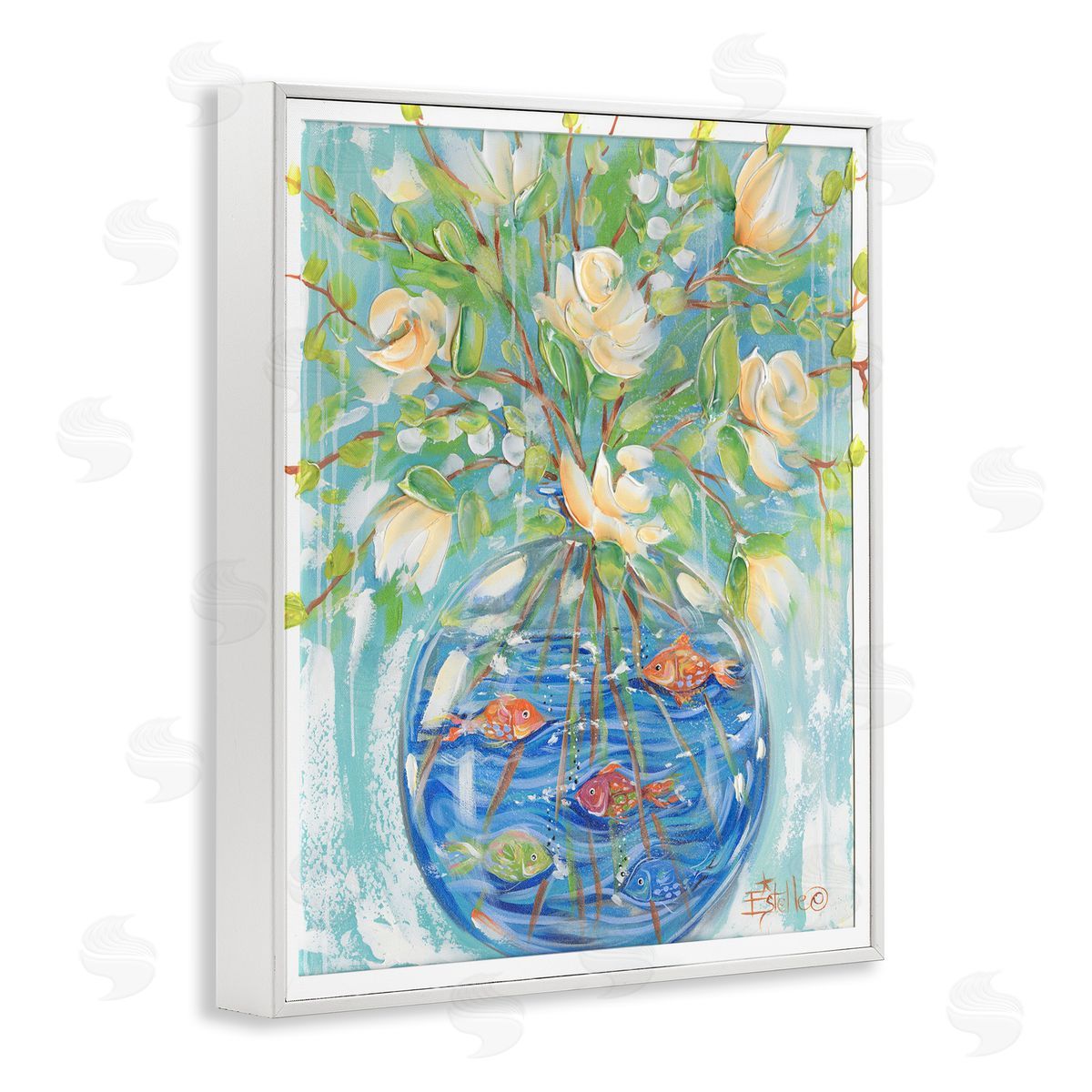 Fish Bowl Bouquet White Frame Print Wall Art, Home Decor by Estelle Grengs