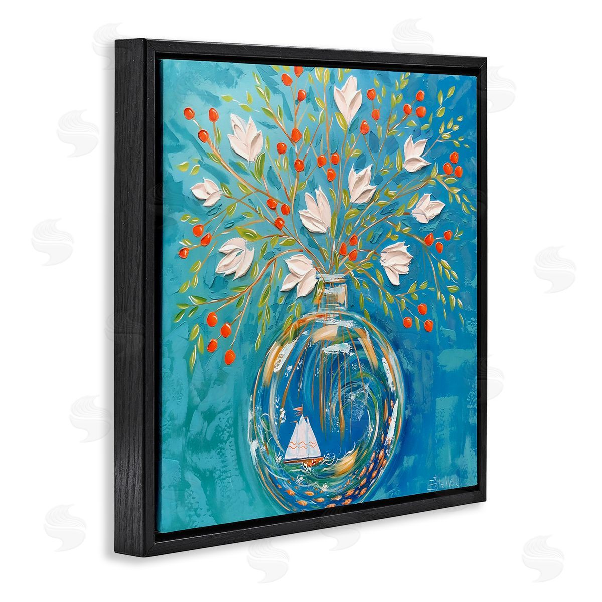 Sailing Ship Flower Vase Black Floating Frame Canvas Wall Art, Home Decor by Estelle Grengs