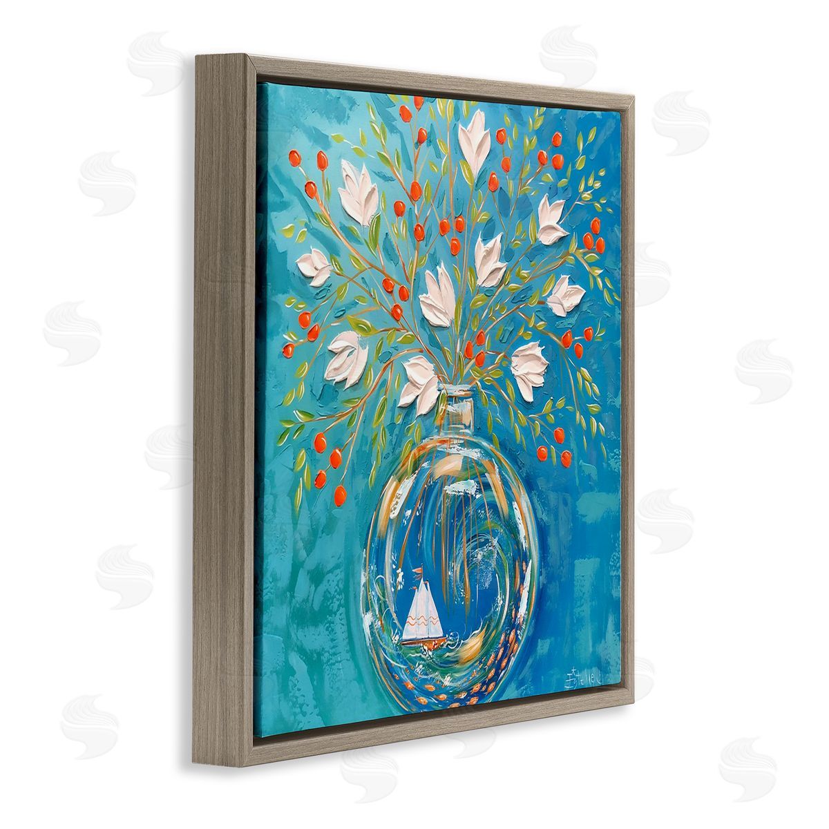 Sailing Ship Flower Vase Brown Floating Frame Canvas Wall Art, Home Decor by Estelle Grengs