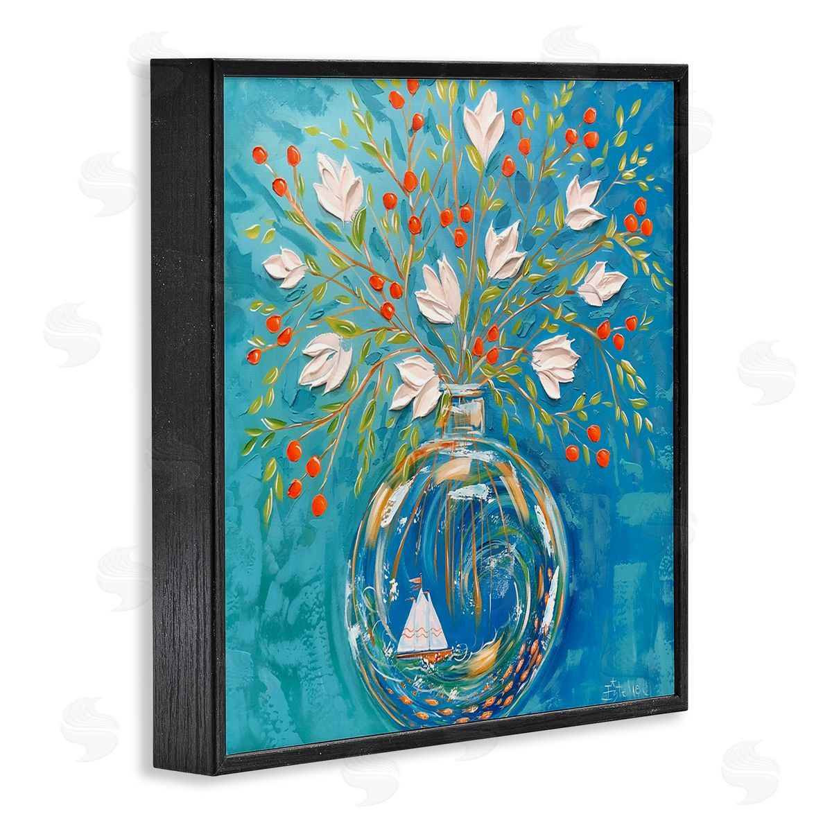 Sailing Ship Flower Vase Black Frame Print Wall Art, Home Decor by Estelle Grengs
