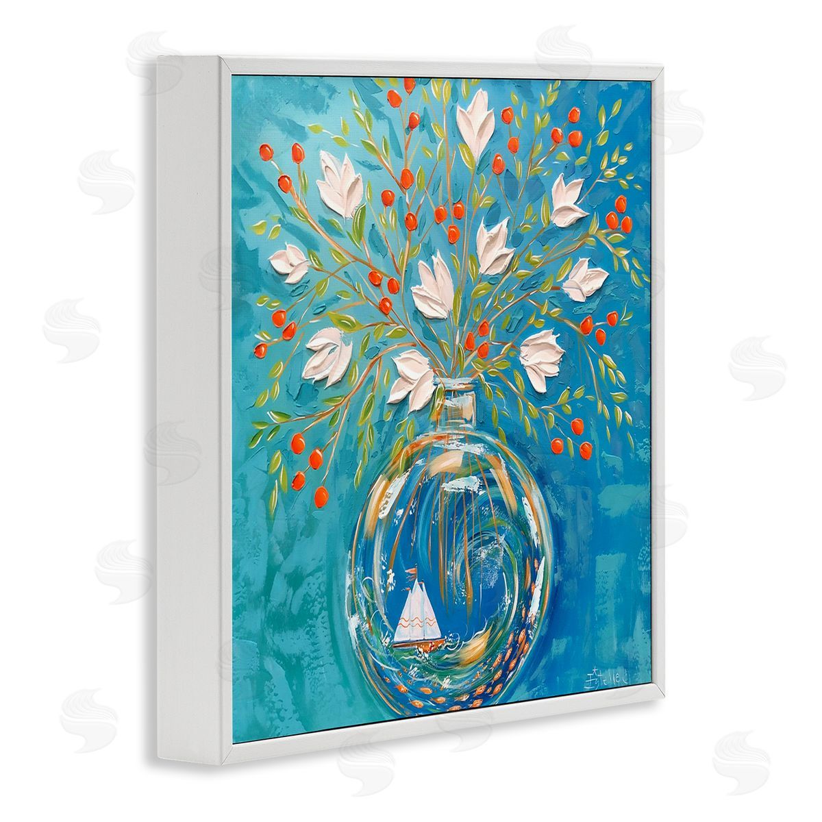 Sailing Ship Flower Vase White Frame Print Wall Art, Home Decor by Estelle Grengs