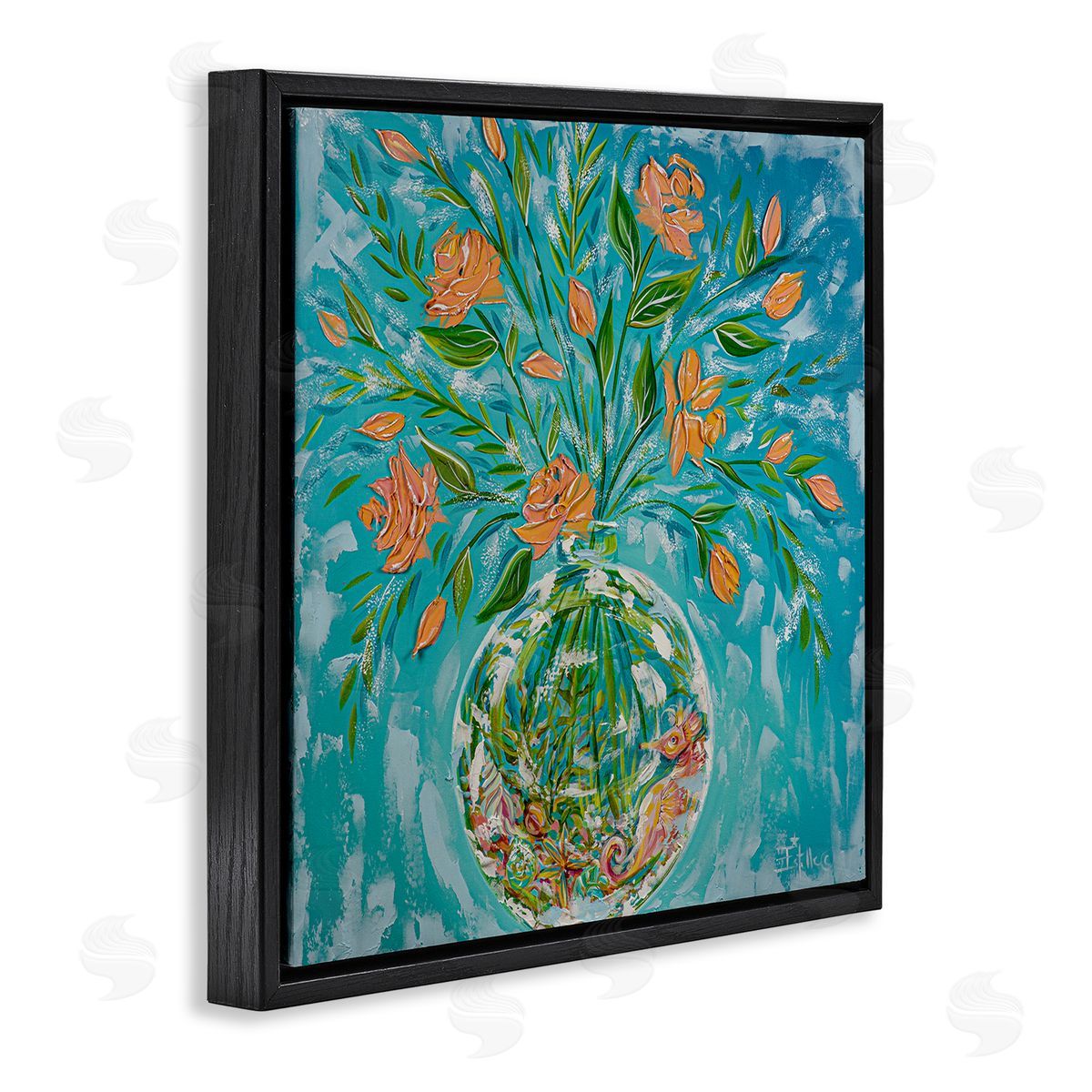 Seahorse Fish Bowl Bouquet Black Floating Frame Canvas Wall Art, Home Decor by Estelle Grengs