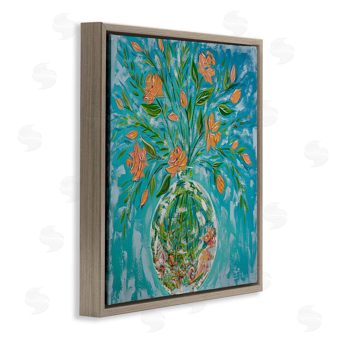 Seahorse Fish Bowl Bouquet Brown Floating Frame Canvas Wall Art, Home Decor by Estelle Grengs