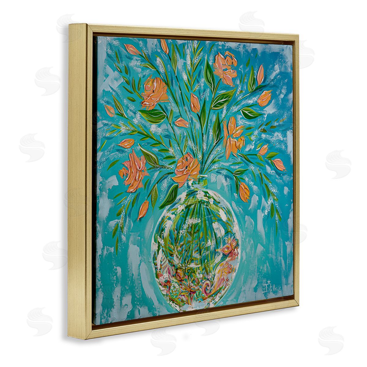 Seahorse Fish Bowl Bouquet Gold Floating Frame Canvas Wall Art, Home Decor by Estelle Grengs