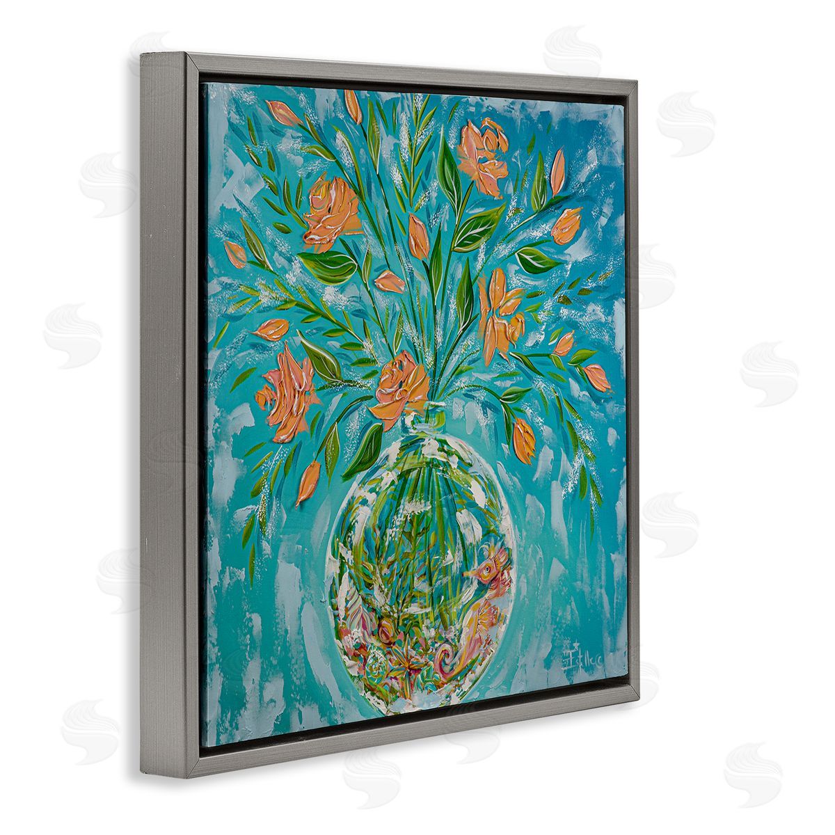 Seahorse Fish Bowl Bouquet Grey Floating Frame Canvas Wall Art, Home Decor by Estelle Grengs
