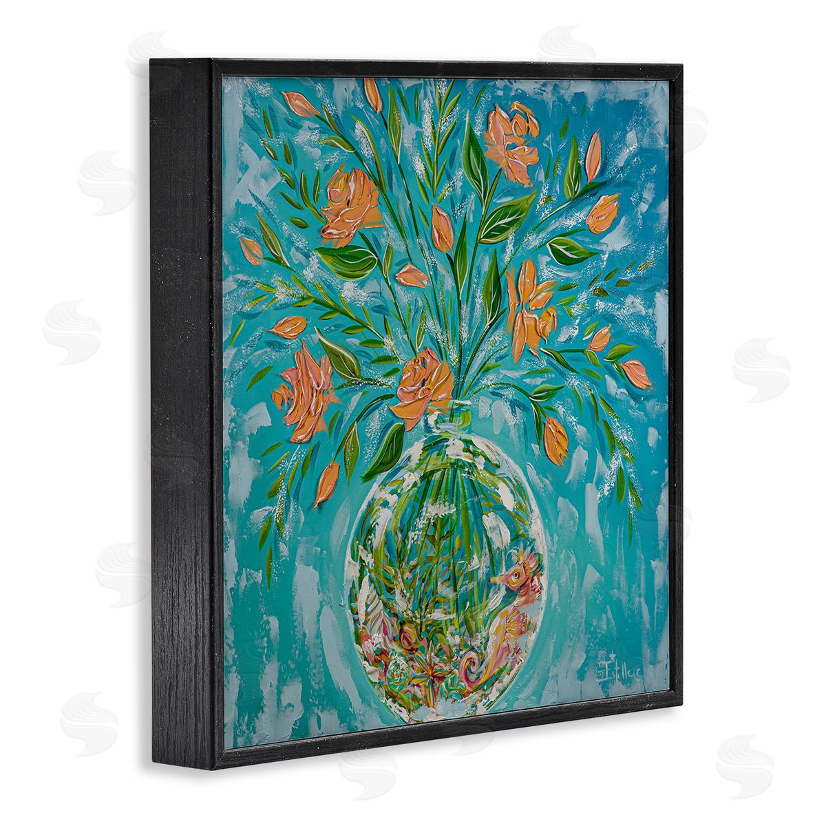 Seahorse Fish Bowl Bouquet Black Frame Print Wall Art, Home Decor by Estelle Grengs