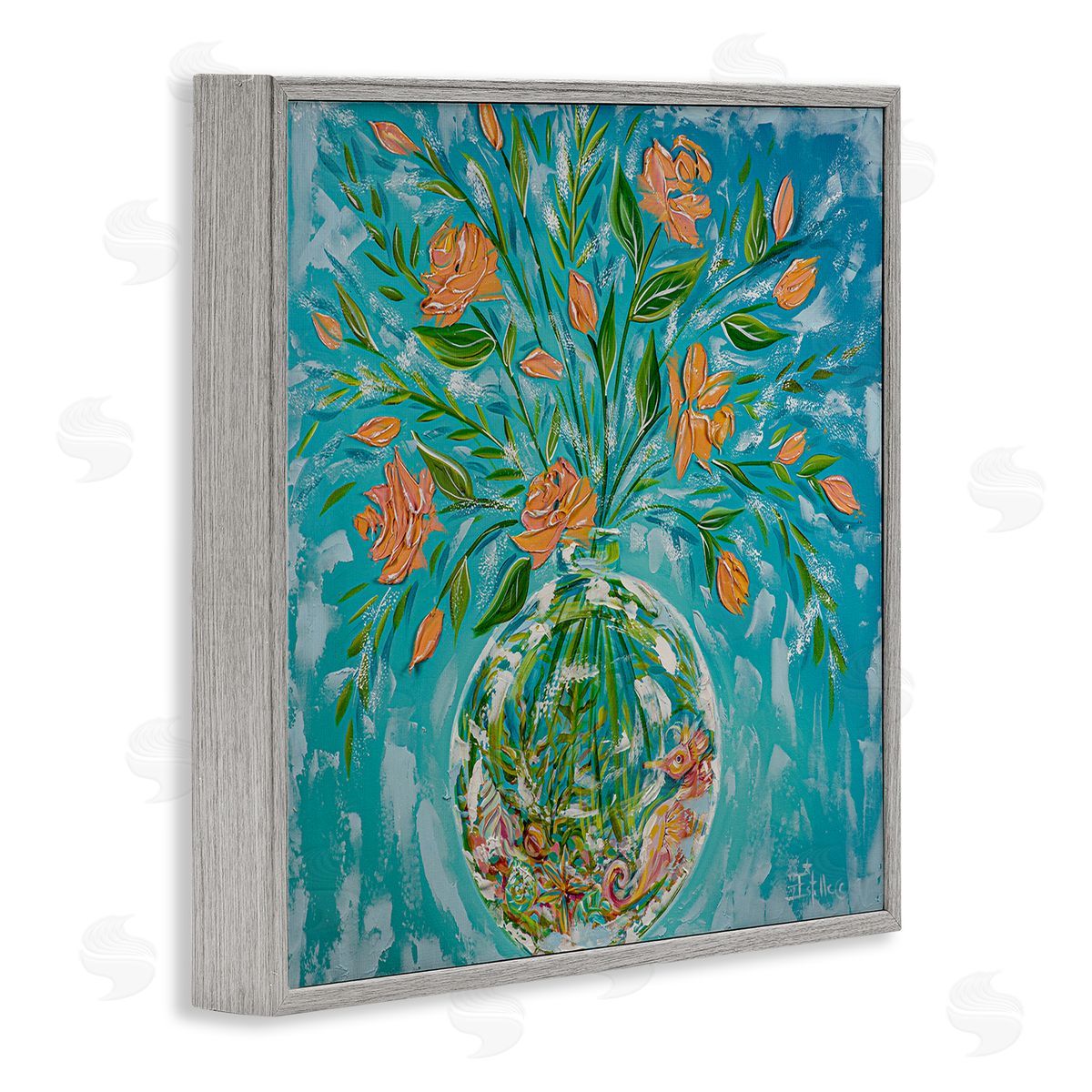 Seahorse Fish Bowl Bouquet Grey Frame Print Wall Art, Home Decor by Estelle Grengs