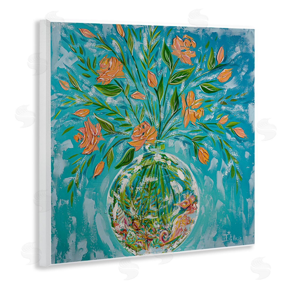 Seahorse Fish Bowl Bouquet Wood Plaque Wall Art, Home Decor by Estelle Grengs