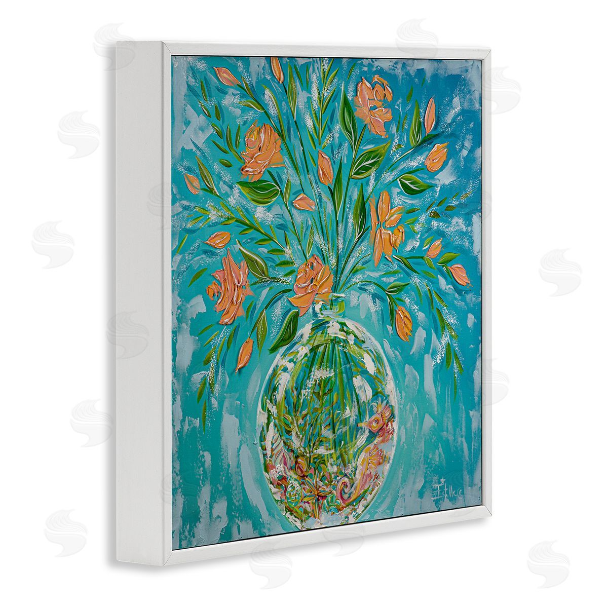 Seahorse Fish Bowl Bouquet White Frame Print Wall Art, Home Decor by Estelle Grengs