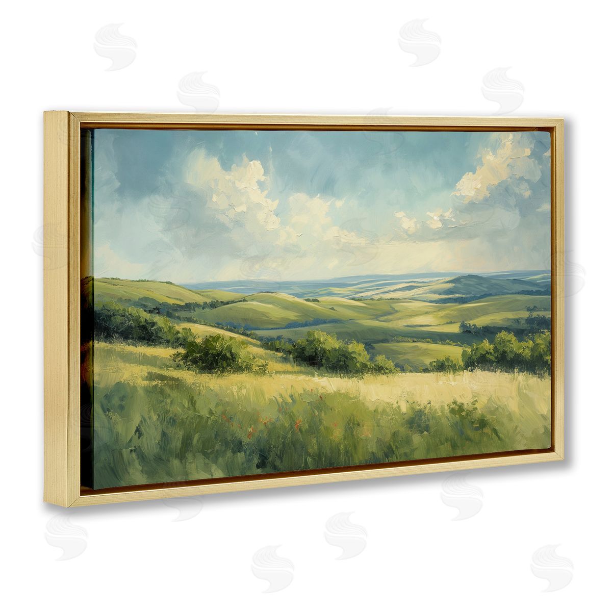 Rolling Emerald Horizon Gold Floating Frame Canvas Wall Art, Home Decor by Gina Kelly