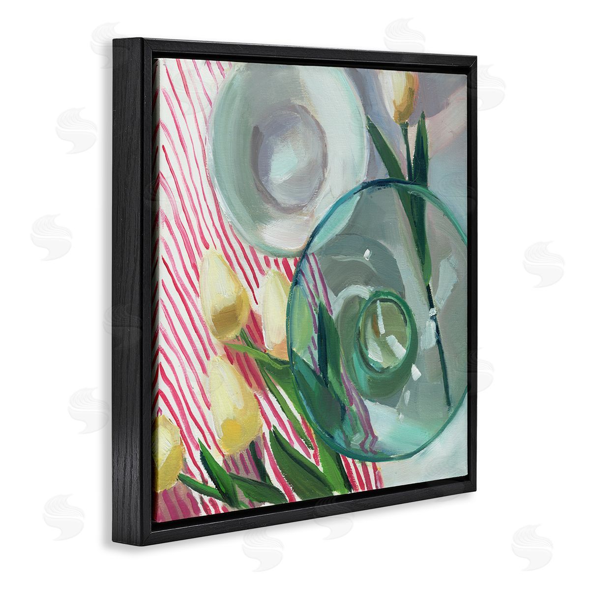Glasses & Tulips Still Life Black Floating Frame Canvas Wall Art, Home Decor by Jenny Westenhofer