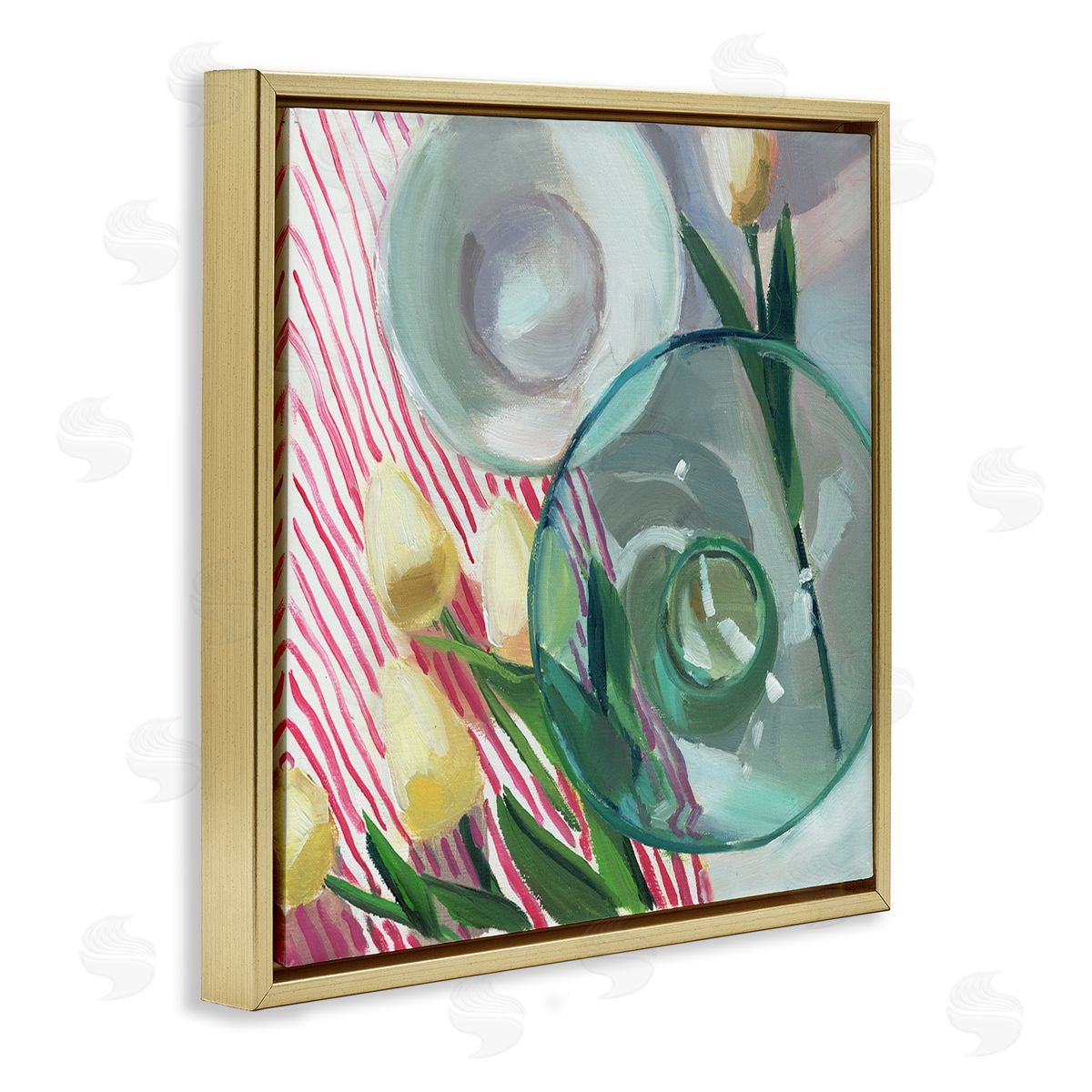 Glasses & Tulips Still Life Gold Floating Frame Canvas Wall Art, Home Decor by Jenny Westenhofer