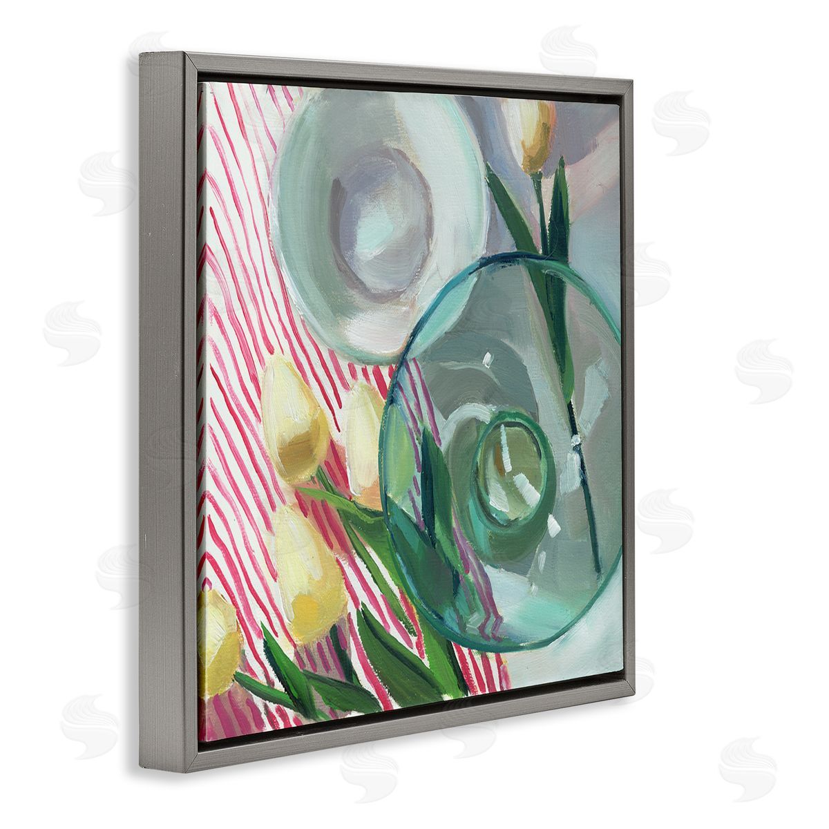 Glasses & Tulips Still Life Grey Floating Frame Canvas Wall Art, Home Decor by Jenny Westenhofer
