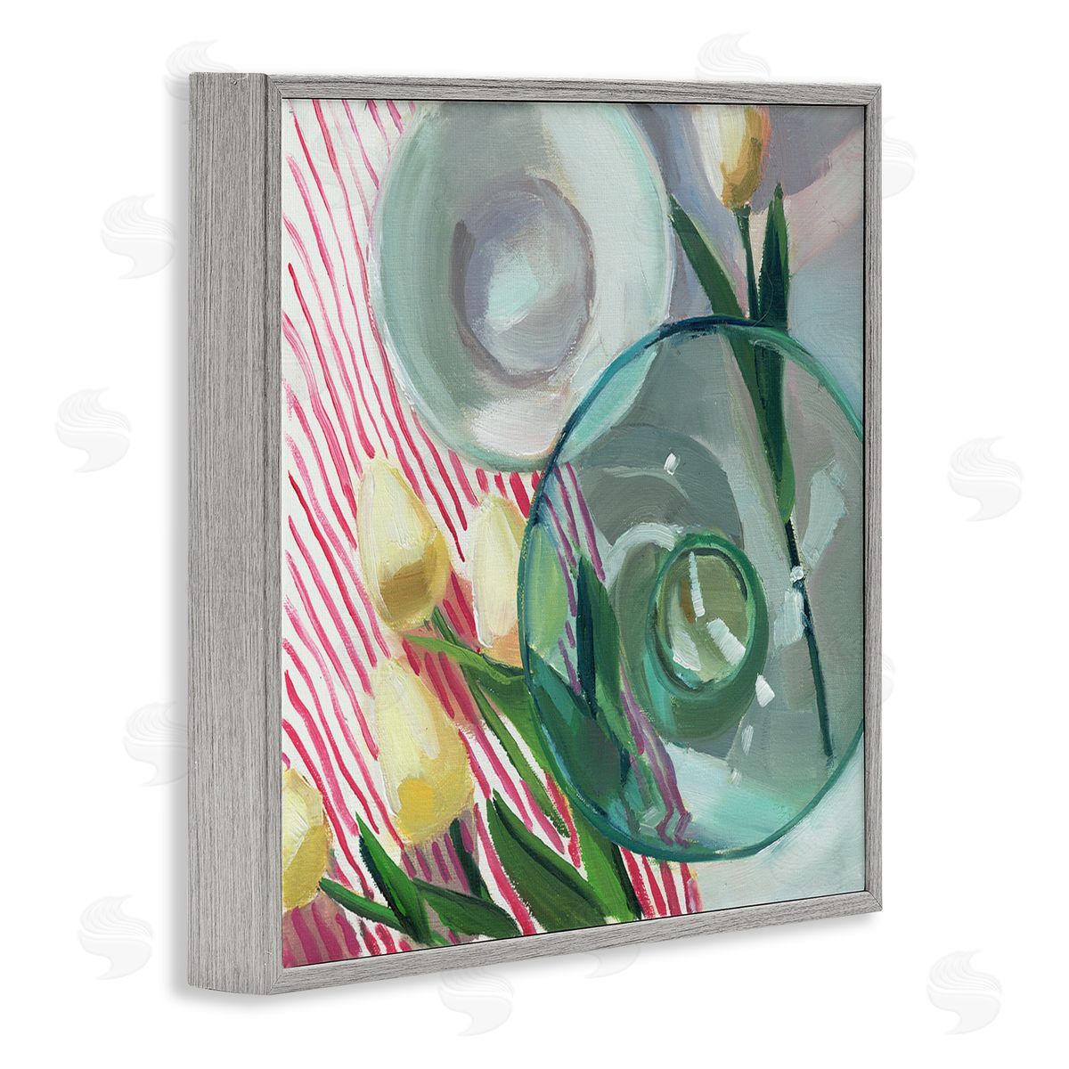 Glasses & Tulips Still Life Grey Frame Print Wall Art, Home Decor by Jenny Westenhofer