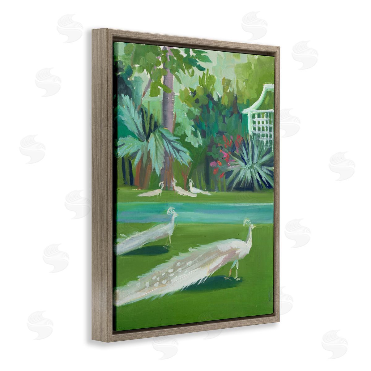 White Peacocks Scene Brown Floating Frame Canvas Wall Art, Home Decor by Jenny Westenhofer