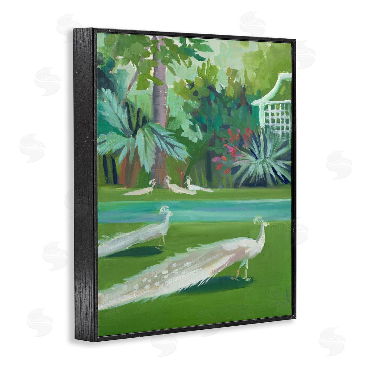 White Peacocks Scene Black Frame Print Wall Art, Home Decor by Jenny Westenhofer