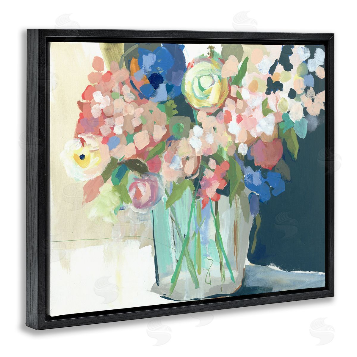 Impressionist Flower Bouquet Black Floating Frame Canvas Wall Art, Home Decor by Jenny Westenhofer